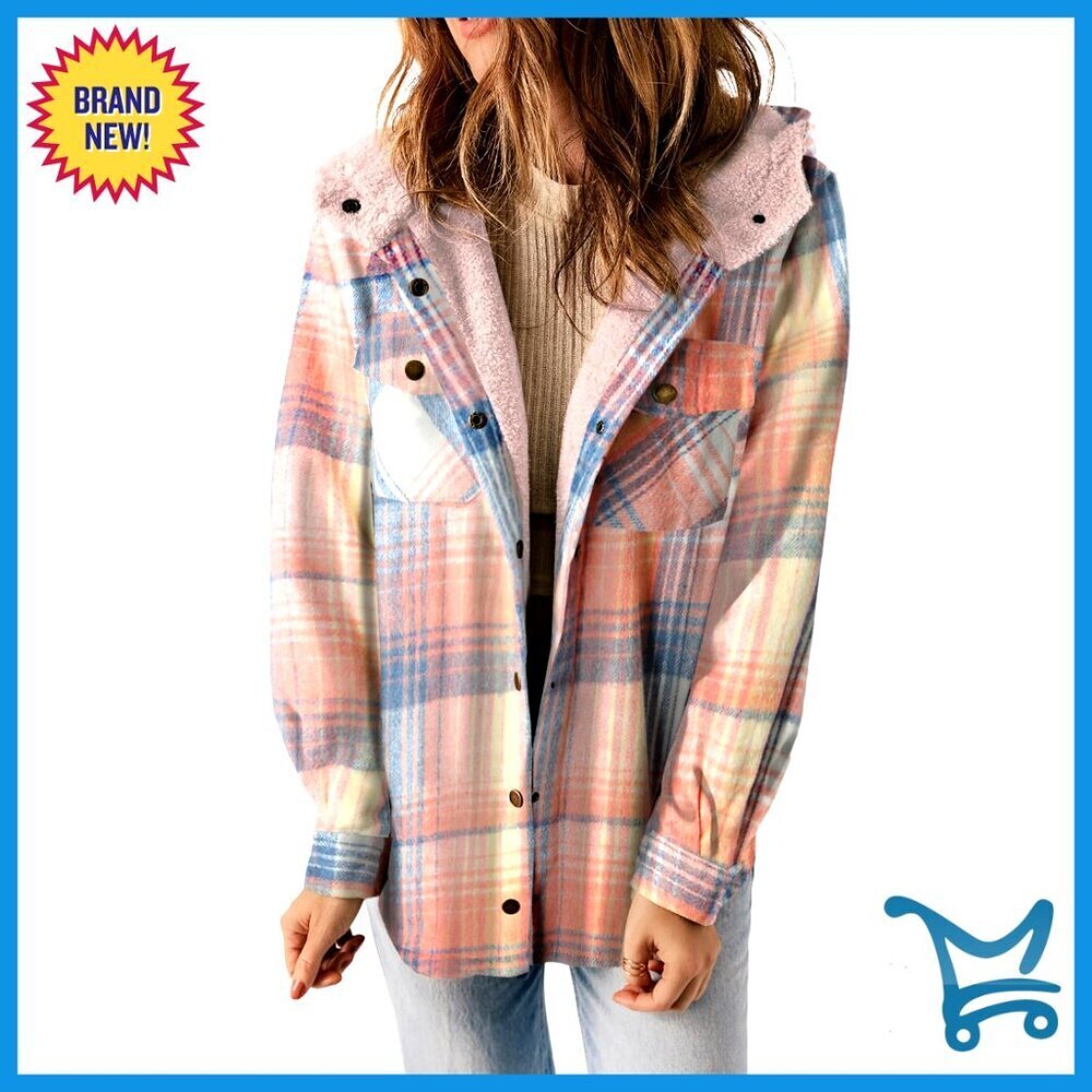 Plaid Fleece Hooded Shacket Jacket Long Sleeve Button Down Boyfriend Style